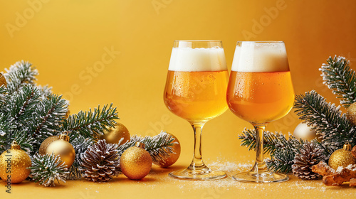 verres de bière de noël avec cannelle, anis étoilé et écorce d'orange - fond jaune avec branches de sapin photo