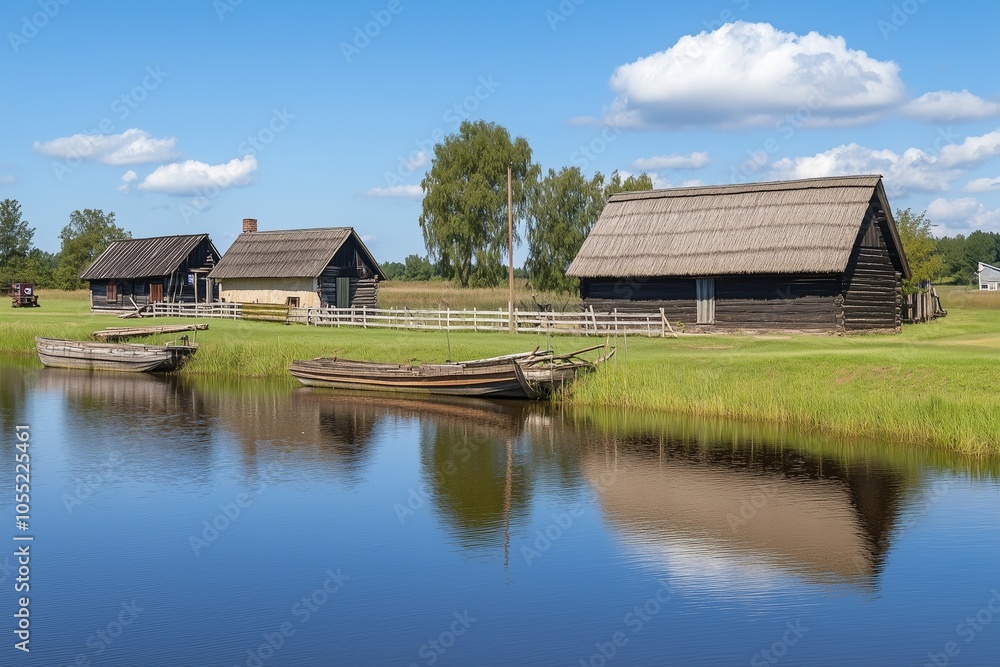 Rustic wooden cabins and still boats reflected in a serene countryside waterway. Rustic wooden cabins and still boats reflected in a serene countryside waterway.