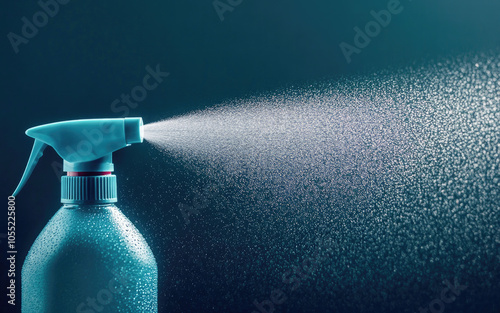 A spray bottle releasing a fine mist symbolizes cleaning, freshness, and effective hygiene care.  photo