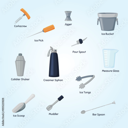 Barman bartender equipment flat set with isolated icons of ice melting cutlery shaker and measure glass vector illustration