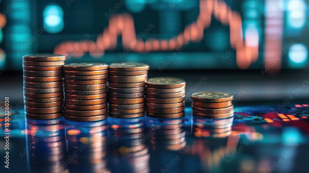 Stacks of coins arranged in an upward trend next to a financial chart, Stacks of coins arranged in an upward trend next to a financial chart,