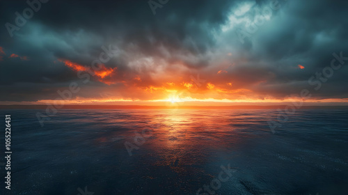 Dramatic Sunset Over Ocean Landscape Illustration