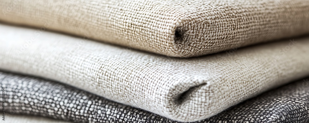 Close-up of neatly folded textured fabric in neutral tones. Close-up of neatly folded textured fabric in neutral tones.