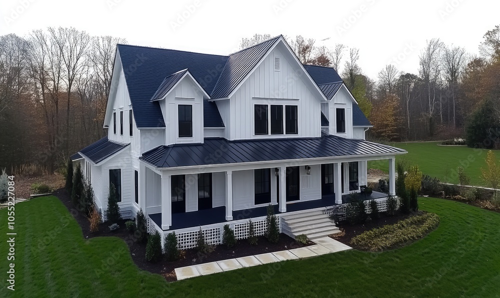 A white and navy blue farmhouse-style home with a grey shingle roof, a large front yard, and an aerial view A white and navy blue farmhouse-style home with a grey shingle roof, a large front yard, and an aerial view