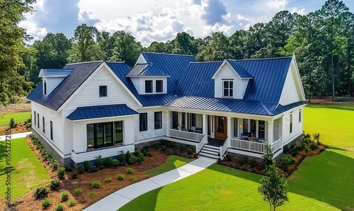 A white and navy blue farmhouse-style home with a grey shingle roof, a large front yard, and an aerial view