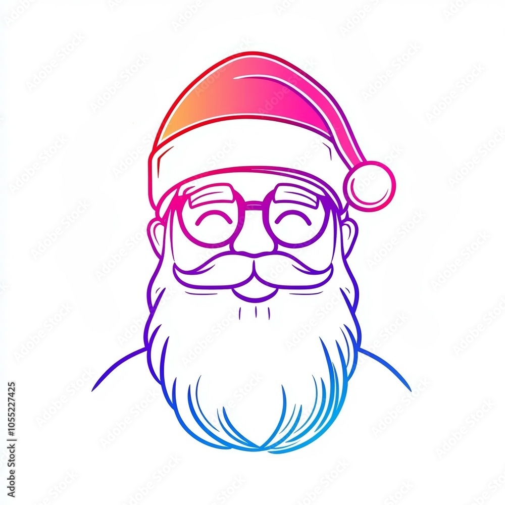 This design features a simple line drawing of Santa Claus, showcasing his iconic beard, glasses, and joyful demeanor in vibrant neon colors on a white backdrop