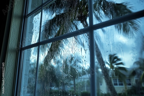 Inside of a home during a hurricane, palms in background being blown by the strong winds and rain, house is protected with the windows	
