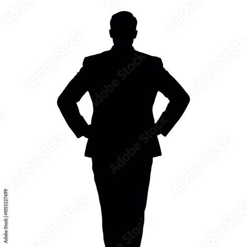 A businessman silhouette with hands on his hips, looking out as if surveying a business deal