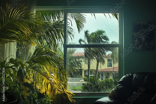 Inside of a home during a hurricane, palms in background being blown by the strong winds and rain, house is protected with the windows	
