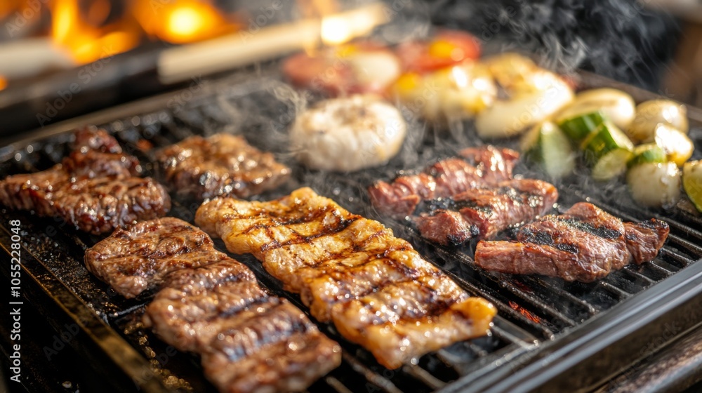 Sizzling BBQ with Meats and Vegetables in Backyard Setting Sizzling BBQ with Meats and Vegetables in Backyard Setting