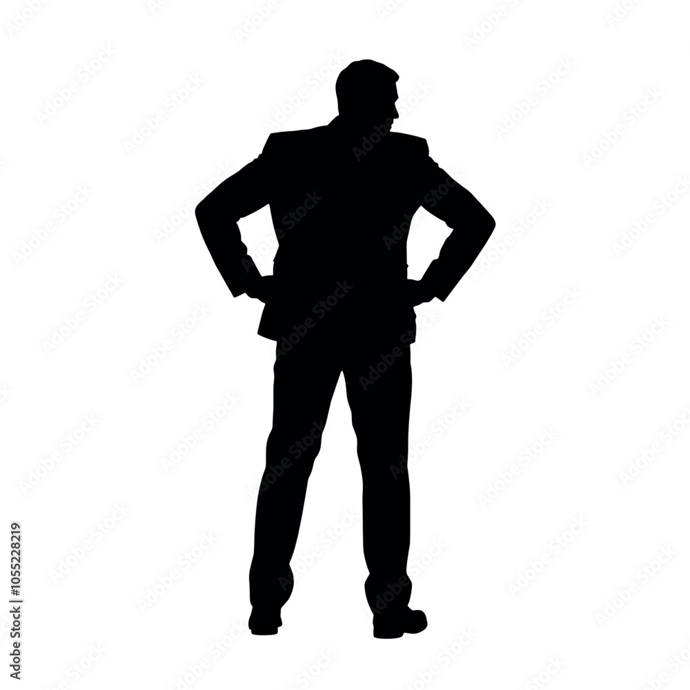A businessman silhouette with hands on his hips, looking out as if surveying a business deal A businessman silhouette with hands on his hips, looking out as if surveying a business deal
