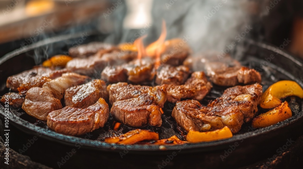 Sizzling Meats and Vegetables on a Grill in Backyard Sizzling Meats and Vegetables on a Grill in Backyard