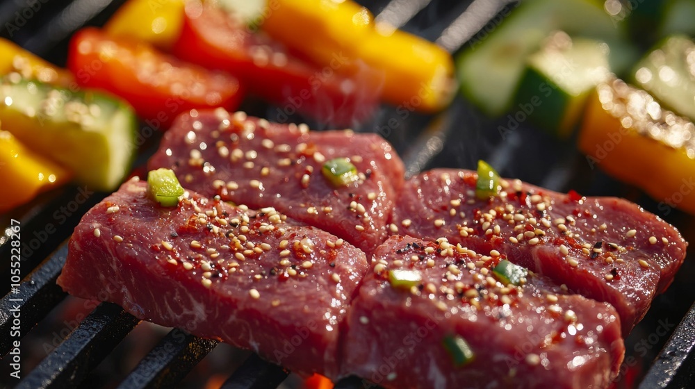 Sizzling Meats and Vegetables in Backyard BBQ Scene Sizzling Meats and Vegetables in Backyard BBQ Scene