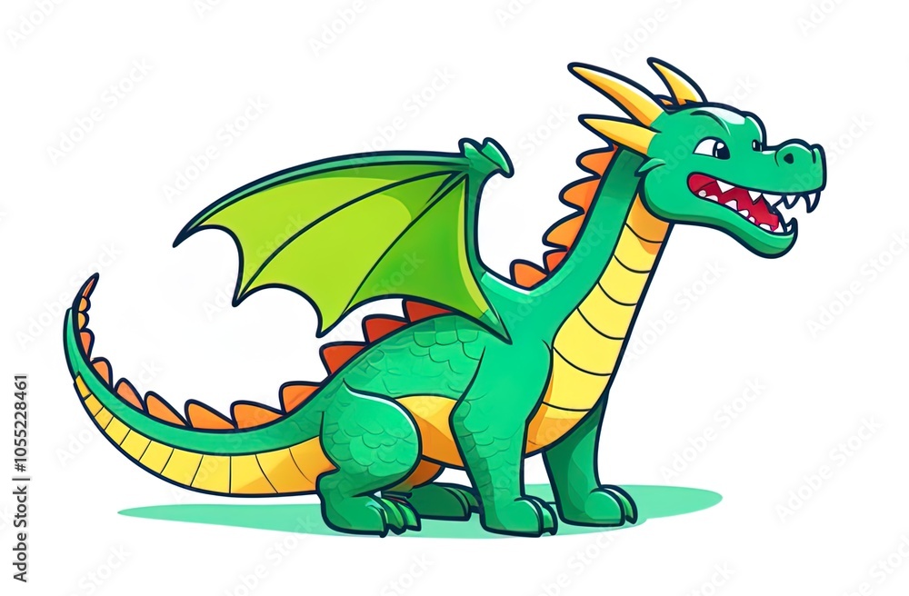 Obraz premium Illustration of a friendly green dragon with yellow belly scales, orange back spikes, and large wings, shown in a playful stance against a white background.