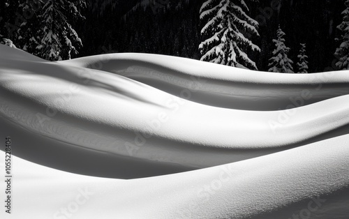 Snow-covered forest at dusk, the trees casting long shadows on the untouched white blanket of snow photo