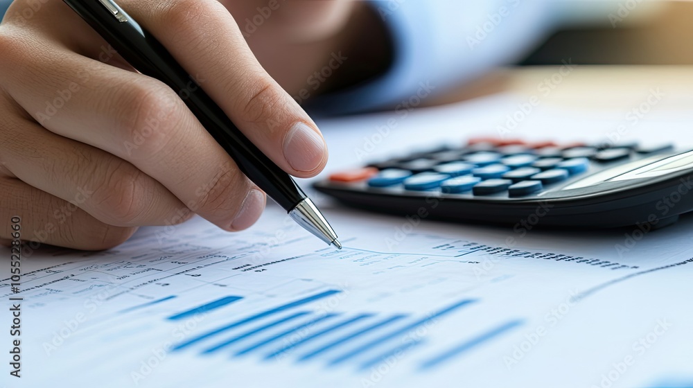 Close-up of a Hand Holding a Pen Pointing at Financial Data with a Calculator in the Background Close-up of a Hand Holding a Pen Pointing at Financial Data with a Calculator in the Background