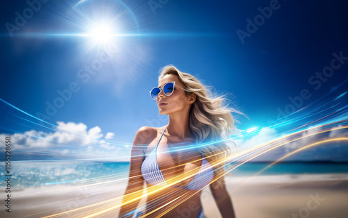 A woman in a bikini and sunglasses stands on a beach with the sun shining brightly in the sky. The beach is white sand, and the ocean is a bright blue color. The image has a glowing effect around her