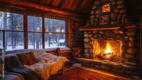 A charming rustic cabin with a stone fireplace, snow-covered window panes, photo