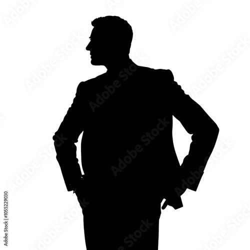 A businessman silhouette with hands on his hips, looking out as if surveying a business deal