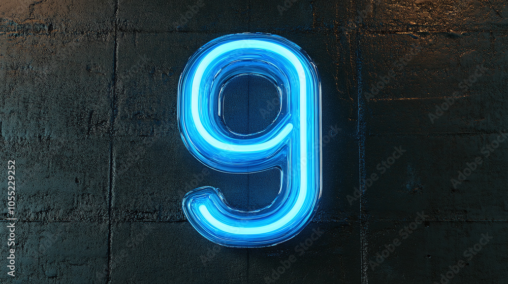 Glowing blue neon number nine against a dark concrete wall background, creating a bold and modern industrial aesthetic. Glowing blue neon number nine against a dark concrete wall background, creating a bold and modern industrial aesthetic.