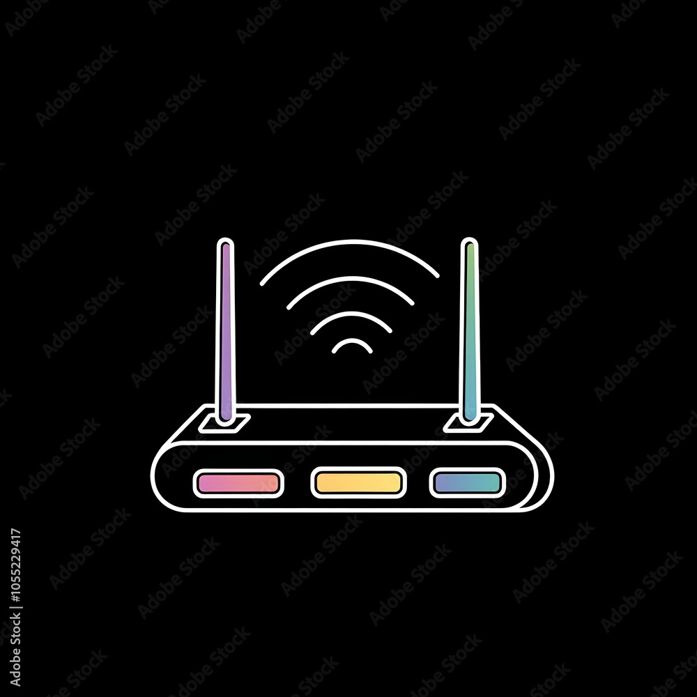This artwork features a simple line drawing of a Wi-Fi router in pastel colors against a black background, emphasizing contemporary internet connectivity and technology This artwork features a simple line drawing of a Wi-Fi router in pastel colors against a black background, emphasizing contemporary internet connectivity and technology