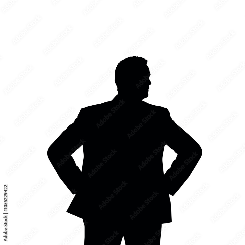 A businessman silhouette with hands on his hips, looking out as if surveying a business deal A businessman silhouette with hands on his hips, looking out as if surveying a business deal