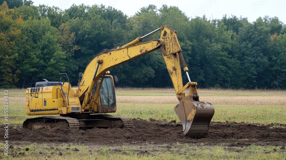 A yellow excavator digging in a field, preparing the land for construction or landscaping. A yellow excavator digging in a field, preparing the land for construction or landscaping.