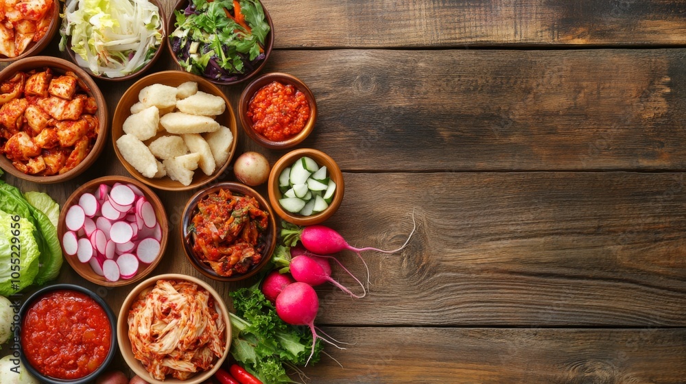 Spicy Kimchi and Radish Dishes on Wooden Table Spicy Kimchi and Radish Dishes on Wooden Table