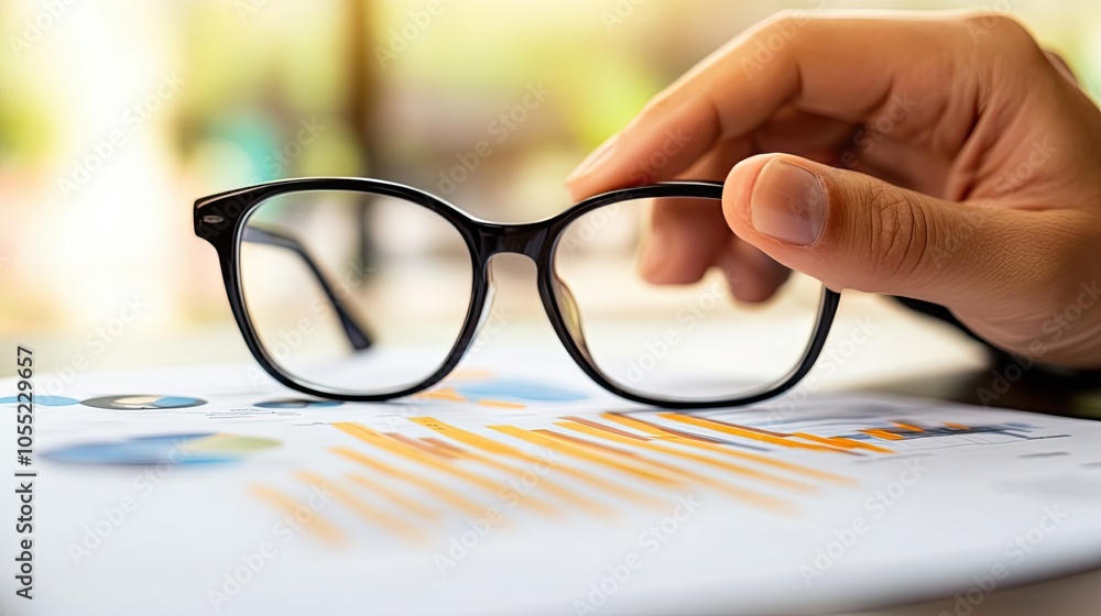 A Hand Holding Glasses Over a Document With Charts A Hand Holding Glasses Over a Document With Charts