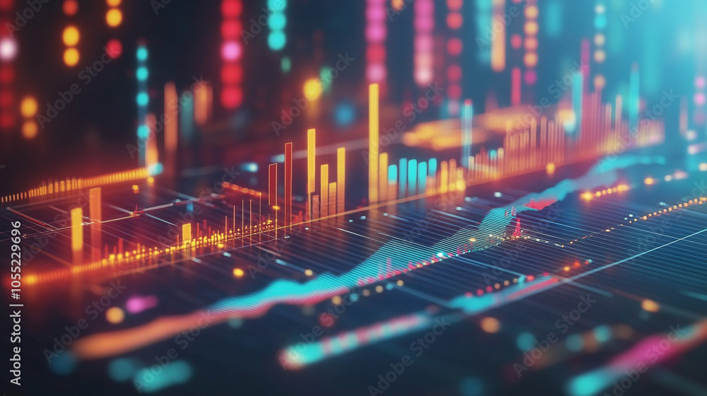 Obraz premium Abstract visualization of data with colorful graphs and charts on a dark background, symbolizing analytics, trends, and information flow in a digital era.
