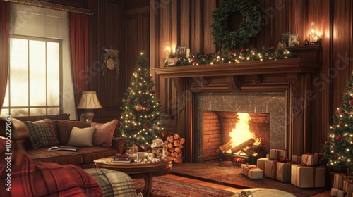 A classic winter home scene with a vintage fireplace, a crackling fire