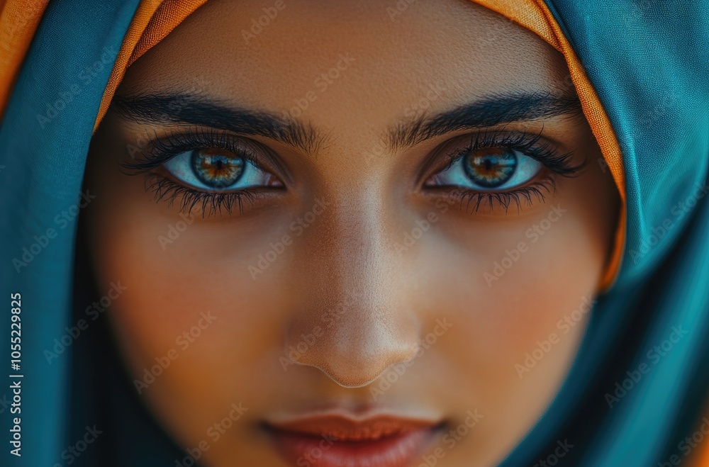 Portrait of an Arab woman wearing a blue and orange hijab, with large, beautiful eyes, looking directly at the camera Portrait of an Arab woman wearing a blue and orange hijab, with large, beautiful eyes, looking directly at the camera