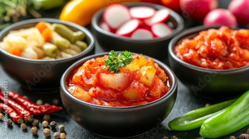 Spicy Kimchi Side Dishes on a Wooden Table