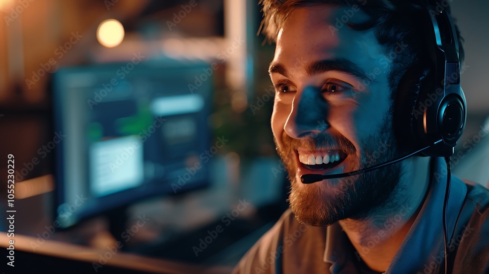 Smiling Customer Support Representative with Headset Smiling Customer Support Representative with Headset