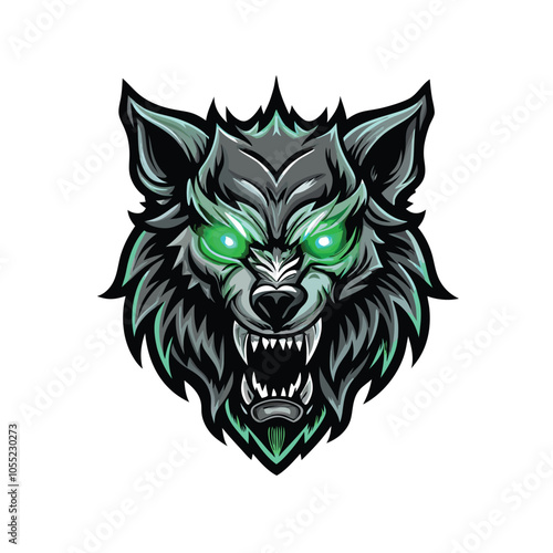 A stylized wolf rendered in silver fur with vibrant green glowing eyes against a dark background.