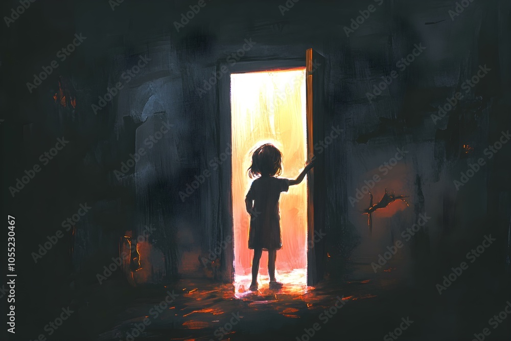 Child Standing in a Dark Place and Opening a Door to Light Child Standing in a Dark Place and Opening a Door to Light
