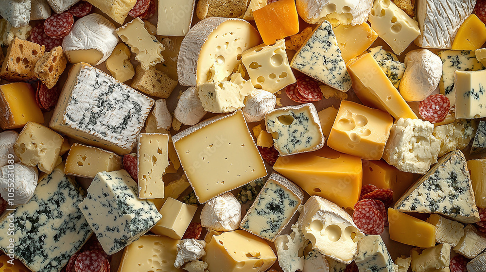 Variety of artisanal cheeses in different textures and colors, creating a rich, gourmet food background for culinary and dairy product themes. Variety of artisanal cheeses in different textures and colors, creating a rich, gourmet food background for culinary and dairy product themes.