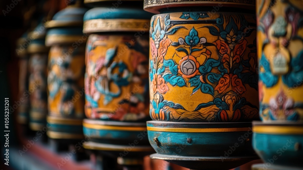 A close-up of Bhutanese prayer wheels spinning in a row, with the intricate carvings A close-up of Bhutanese prayer wheels spinning in a row, with the intricate carvings
