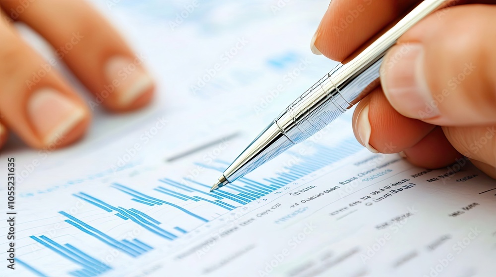 Closeup of a Hand Analyzing a Bar Graph with a Pen Closeup of a Hand Analyzing a Bar Graph with a Pen