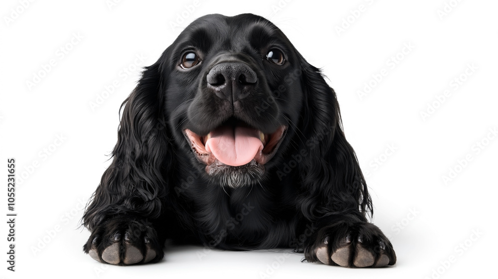 Obraz premium Close-up of an adorable black dog with floppy ears and a pink tongue, lying down against a white background, showing a playful and happy expression.