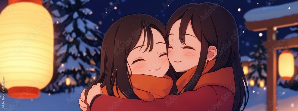 Two friends embracing in a warm hug after reuniting, with happy smiles and joyful expressions Two friends embracing in a warm hug after reuniting, with happy smiles and joyful expressions