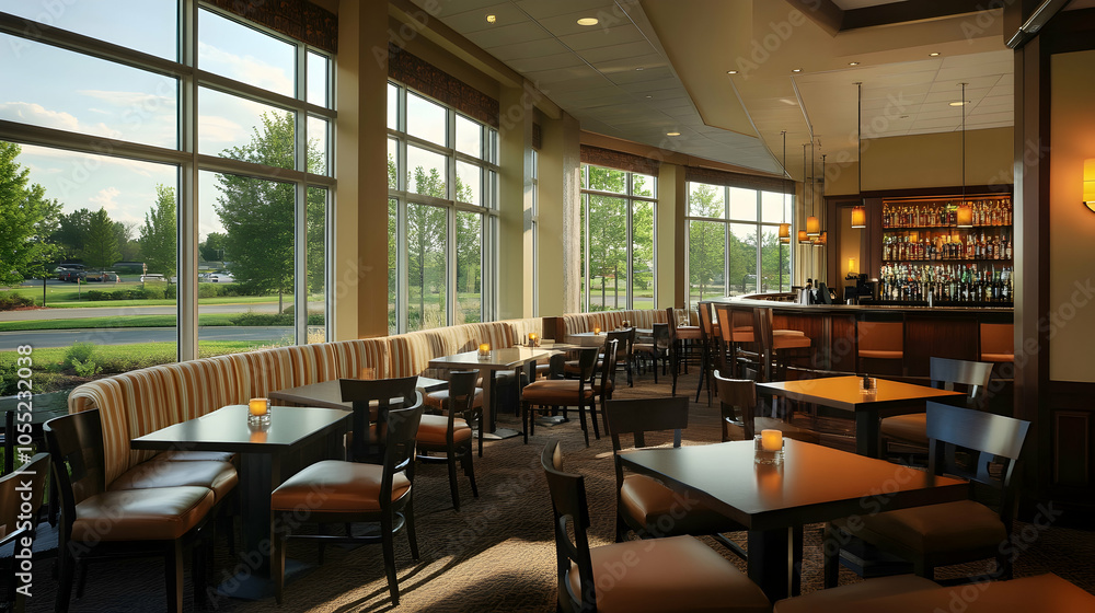 Elegant modern restaurant bar with large windows, plush seating, and a stylish, sophisticated ambiance - Elegant modern restaurant bar with large windows, plush seating, and a stylish, sophisticated ambiance -