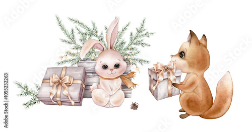 Watercolor Christmas cute winter hare and fox with New Year's garland, tree branch in wooden box and gift box with golden bow. Hand painted fir-needle and pine cone illustration on isolated.