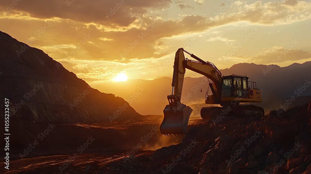 Excavator performing earthworks in an open-pit mine during sunset; heavy machinery at work - Excavator performing earthworks in an open-pit mine during sunset; heavy machinery at work -