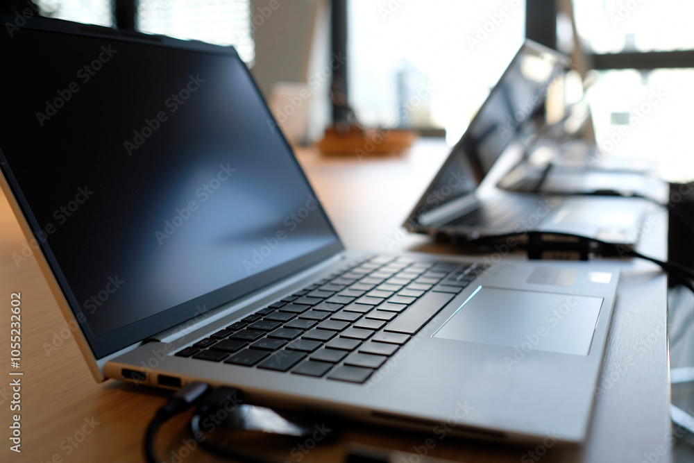 Row of laptops being prepared and set up for new employees in a company Row of laptops being prepared and set up for new employees in a company