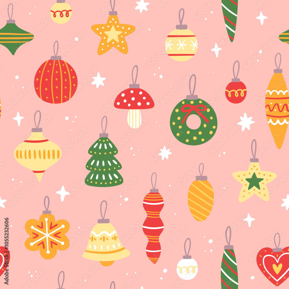 Pattern with Christmas tree toys. Vector hand-drawn seamless texture in flat style. Cute New Year background. Template for wrapping paper Pattern with Christmas tree toys. Vector hand-drawn seamless texture in flat style. Cute New Year background. Template for wrapping paper