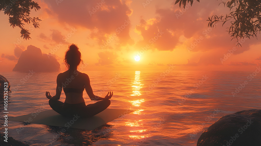 A Peaceful Scene of a Person Practicing Yoga on a Mat by the Ocean at Sunrise. Calm Waves and Golden Light Enhance the Meditative Atmosphere
A Peaceful Scene of a Person Practicing Yoga on a Mat by the Ocean at Sunrise. Calm Waves and Golden Light Enhance the Meditative Atmosphere