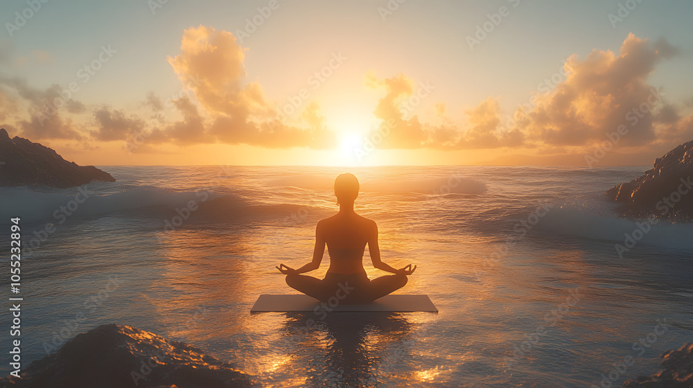A Peaceful Scene of a Person Practicing Yoga on a Mat by the Ocean at Sunrise. Calm Waves and Golden Light Enhance the Meditative Atmosphere
A Peaceful Scene of a Person Practicing Yoga on a Mat by the Ocean at Sunrise. Calm Waves and Golden Light Enhance the Meditative Atmosphere