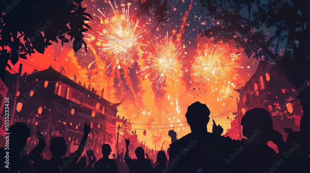 New Years firecracker show warding off evil spirits with crowd New Years firecracker show warding off evil spirits with crowd