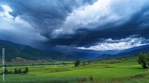 A dramatic image of a thunderstorm approaching the Bhutanese countryside, photo